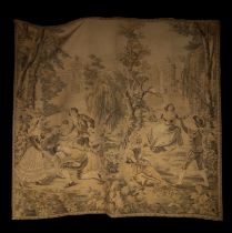 French "Verdure" tapestry depicting the Little Blind Hen Game in a baroque style garden, 19th centur