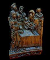 Presentation of Jesus at the Temple, Large German Gothic style carving in oak, 18th - 19th century