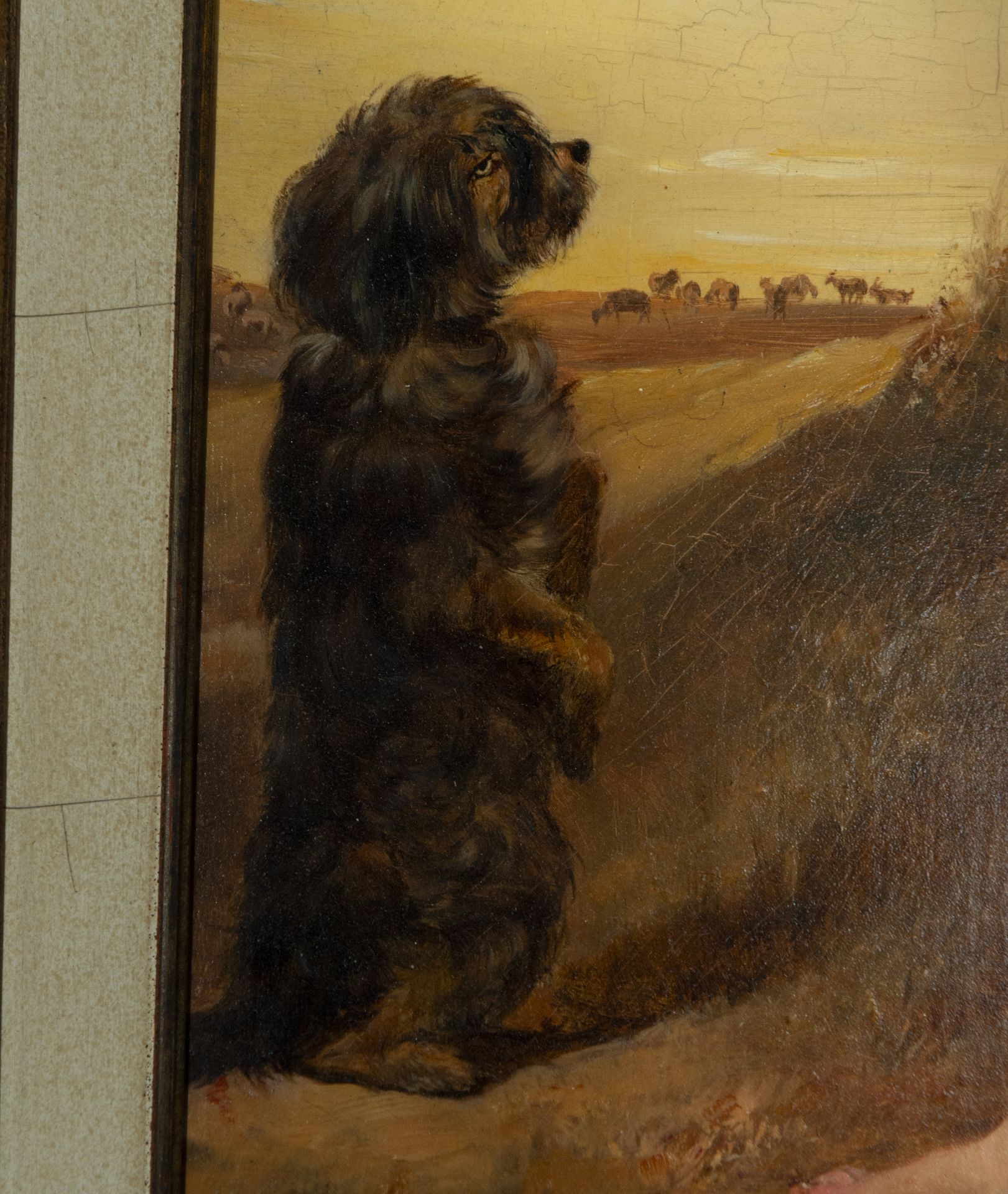 Beautiful oil on Pre-Raphaelite panel representing shepherd children with dog, 19th century - Image 3 of 5