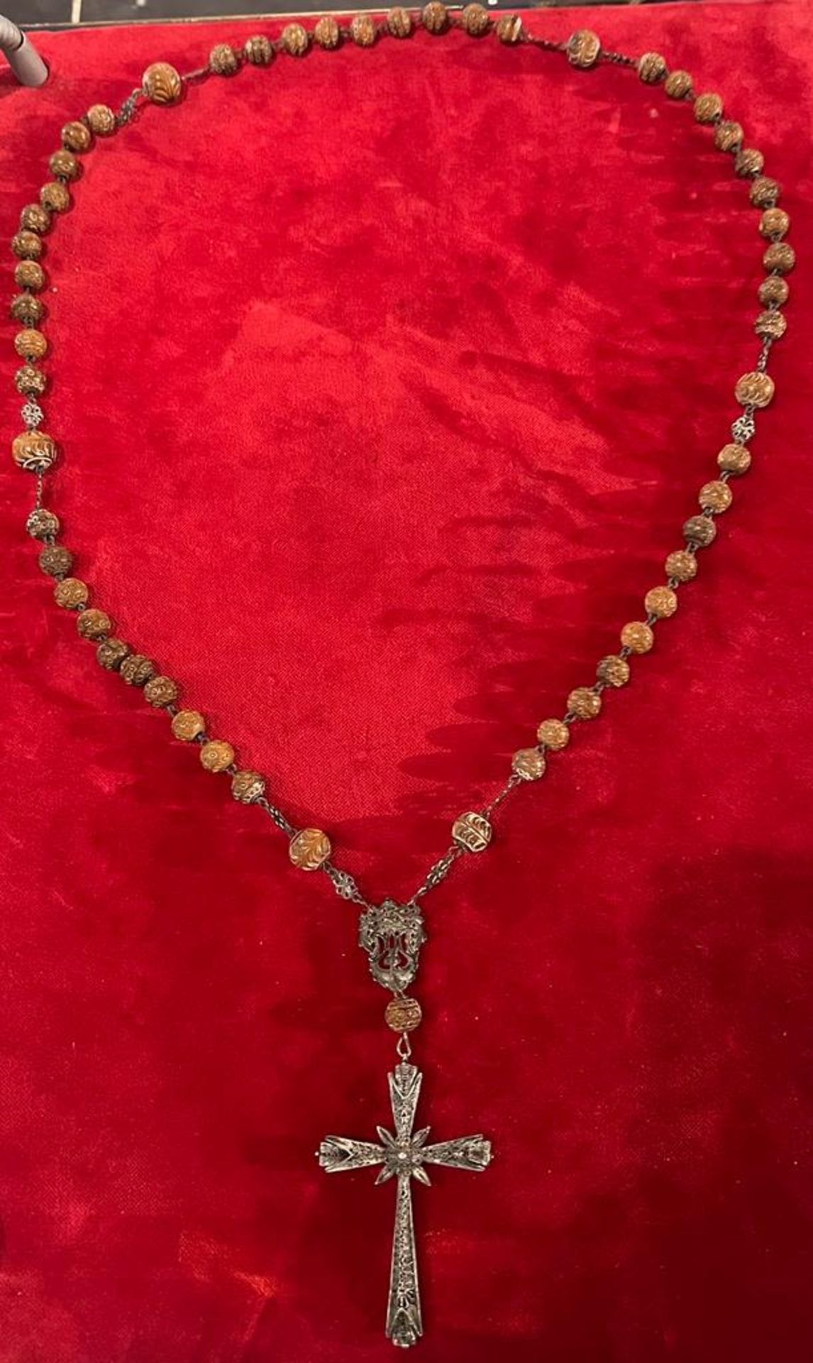 Rare large Portuguese or Spanish colonial Rosary in Coconut beads and fine silver filgree, 18th cent