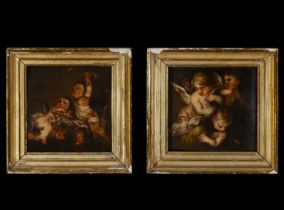 Pair of oil paintings on panels, cherubs 18th century.