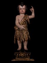 Exquisite and Large 16th century Saint John in polychromed wood, 16th century South Portuguese Renai