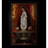 Important and exquisite Great Virgin of Solitude on canvas, Novohispanic colonial school of the firs