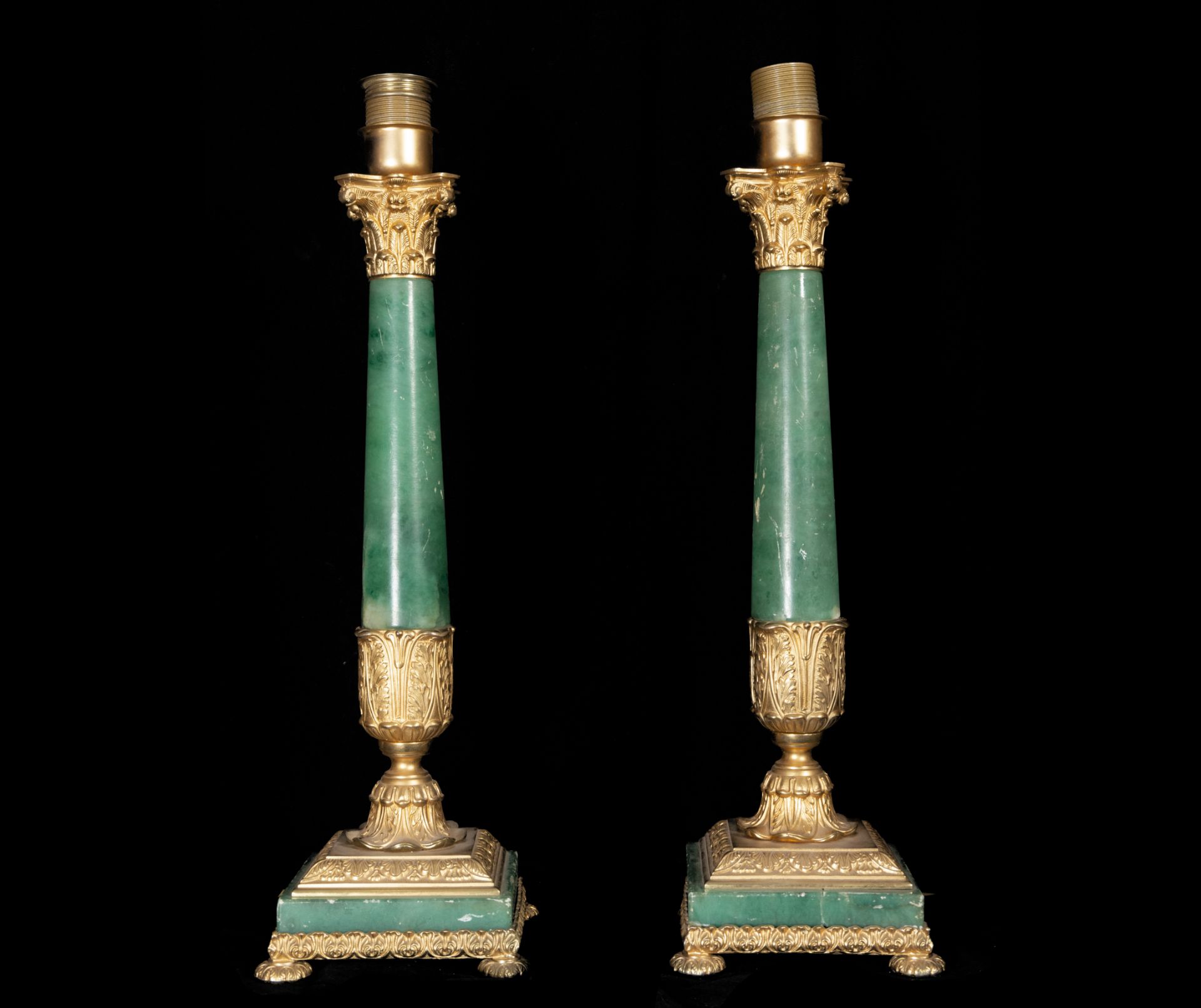 Pair of Empire Lamps in Onyx and mercury-gilded bronze, 19th century