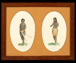 Decorative pair of French engravings of African Women of Zanzibar colored in watercolor on etched pa
