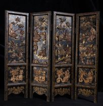 Elegant Chinese screen with court scenes in relief, 19th century