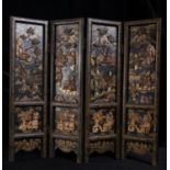 Elegant Chinese screen with court scenes in relief, 19th century