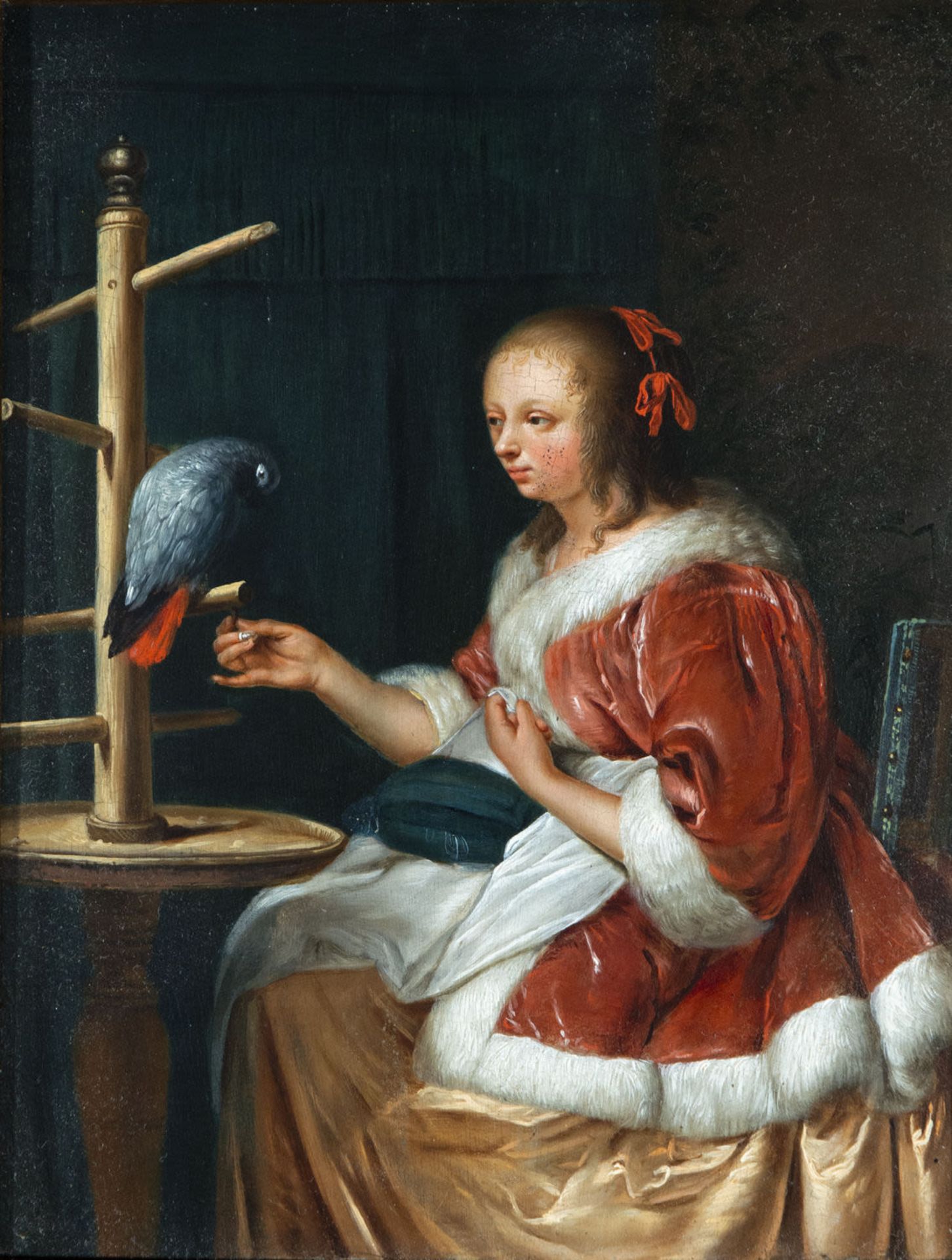 Important oil on panel of Lady with Parrot, school of Frans van Mieris (I) (Leiden, 1635-1681), Flem - Image 2 of 4