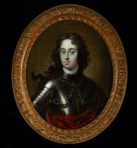 Decorative Oval Portrait of a Young Noble Knight in German or Austrian Armor from the 18th century