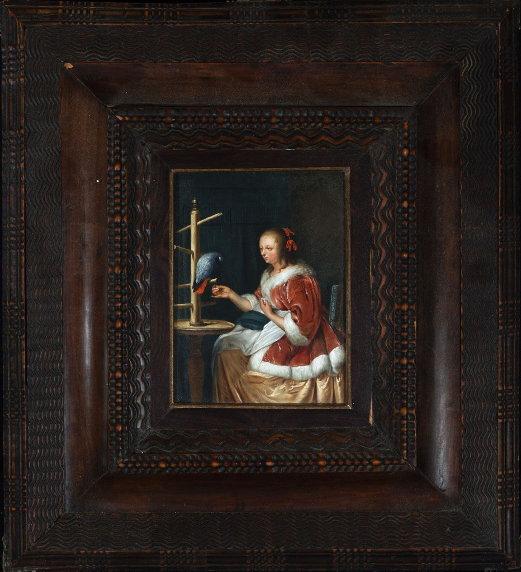 Important oil on panel of Lady with Parrot, school of Frans van Mieris (I) (Leiden, 1635-1681), Flem