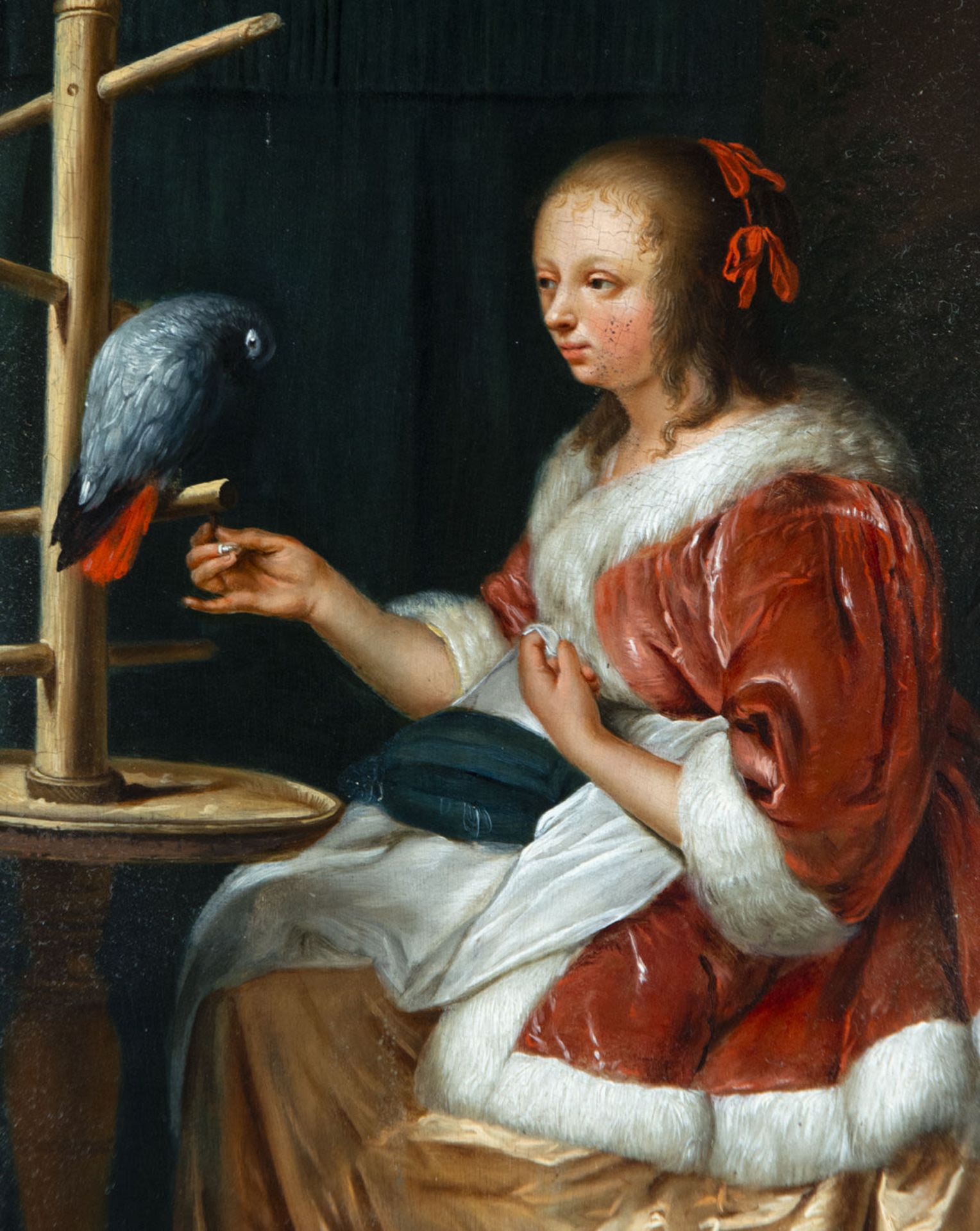 Important oil on panel of Lady with Parrot, school of Frans van Mieris (I) (Leiden, 1635-1681), Flem - Image 3 of 4