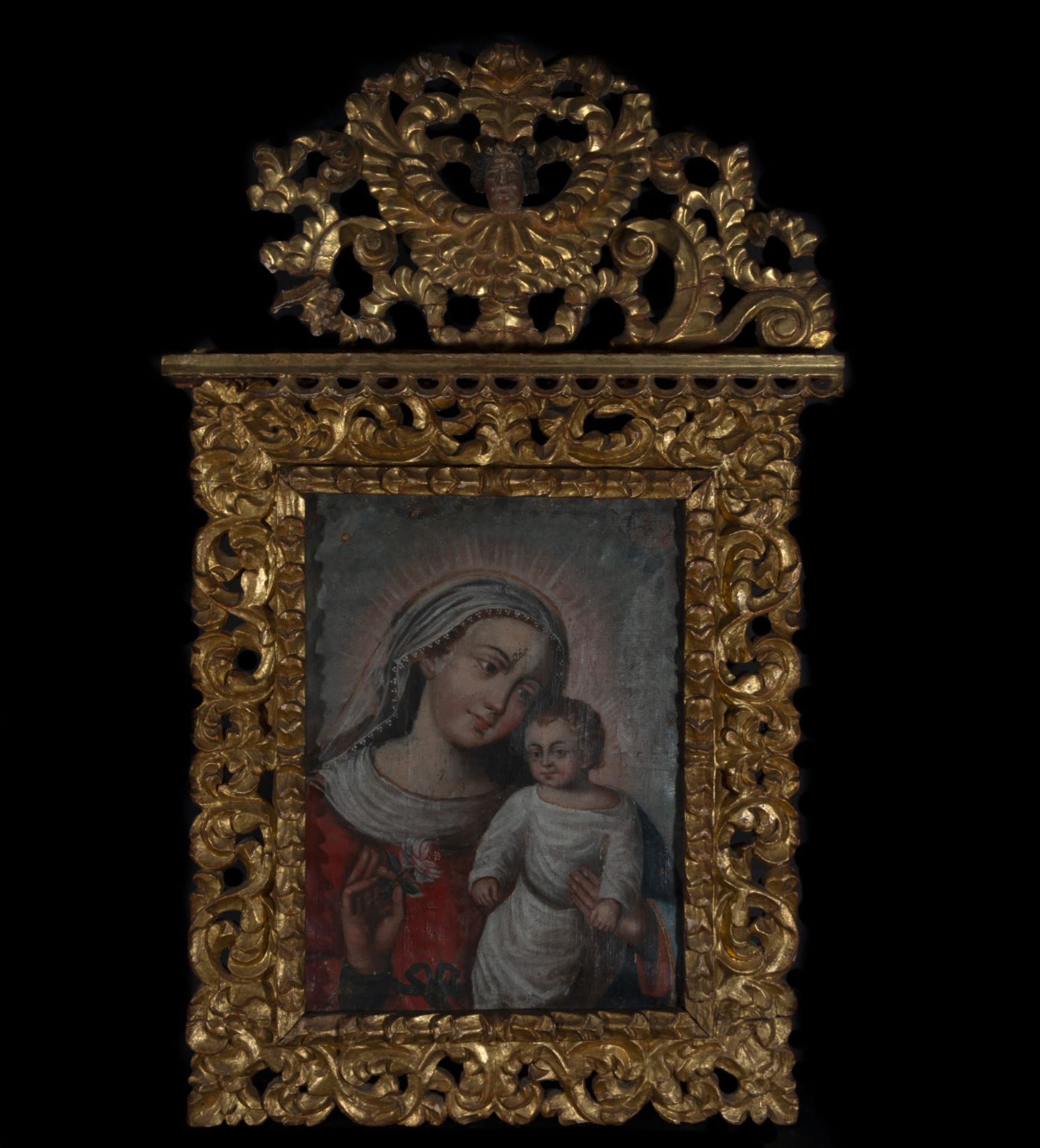 Spanish Viceregal Colonial School, Virgin and Child, with important cornucopia frame of the time in 