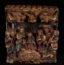 Important Colonial Group in Huamanga alabaster representing Adoration of Shepherds, Peruvian Vicereg