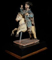Bolivian Colonial School Large and rare Saint James the Great on horseback with hat and sword in fin