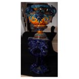 Large French Planter in cobalt blue glazed and polychrome stoneware in the Art Nouveau style, around