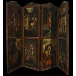 Mexican screen with 4 folders depicting 8 scenes of the Passion of Christ, 18th Century