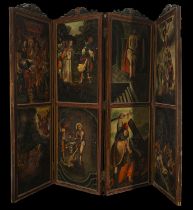 Mexican screen with 4 folders depicting 8 scenes of the Passion of Christ, 18th Century