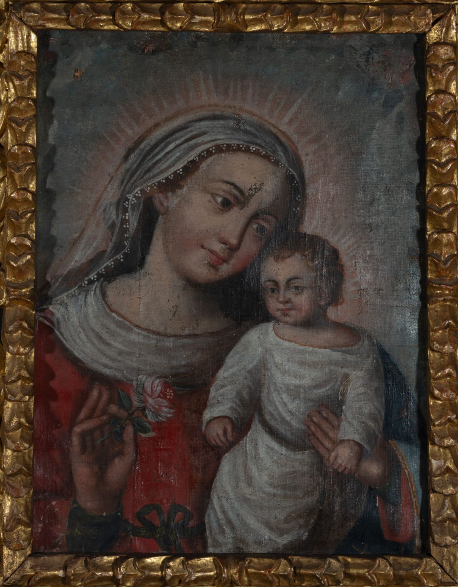 Spanish Viceregal Colonial School, Virgin and Child, with important cornucopia frame of the time in  - Image 2 of 3