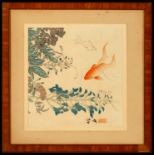 Japanese Koi carps painted in watercolor on paper engraving, signed and stamped by hand, Japanese sc