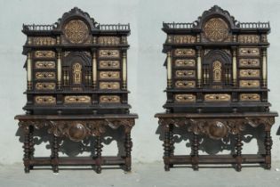 Large Pair of Italian Piedmontese Cabinets in walnut, alabaster and carved bone inlay, 19th century