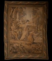 French "Verdure" tapestry depicting the Family Scene in the Palace Garden Lake, baroque style, 19th
