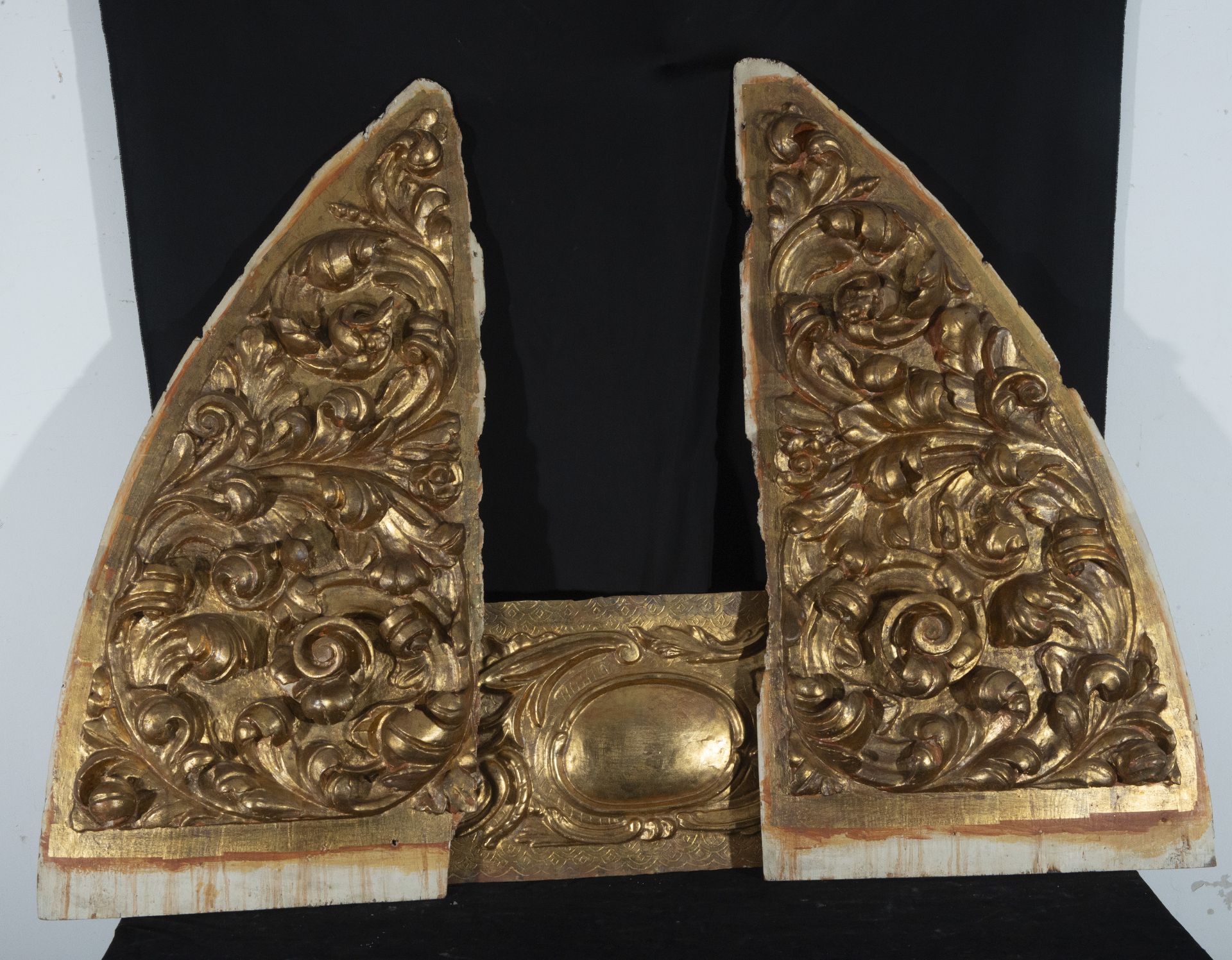 Lot of three Portuguese Baroque ceiling fragments, 17th century
