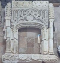 Massive Marble Gothic window cornice. 15th century Gothic, with a pair of Catalan noble shields