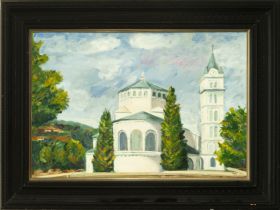 European school, view of Romanesque Church, signed, 20th century