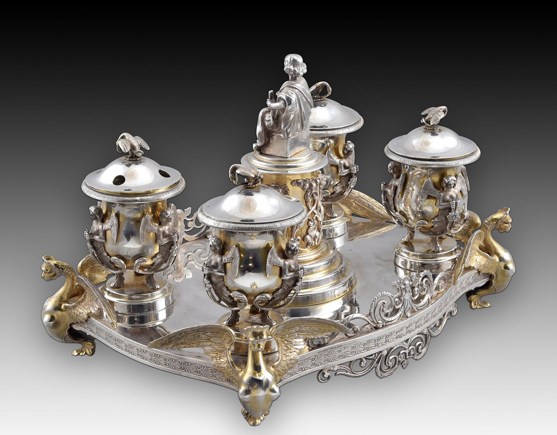 Exceptional Notary Office with four inkwells. Silver. Spain, late 19th century. With contrast markin - Bild 4 aus 15