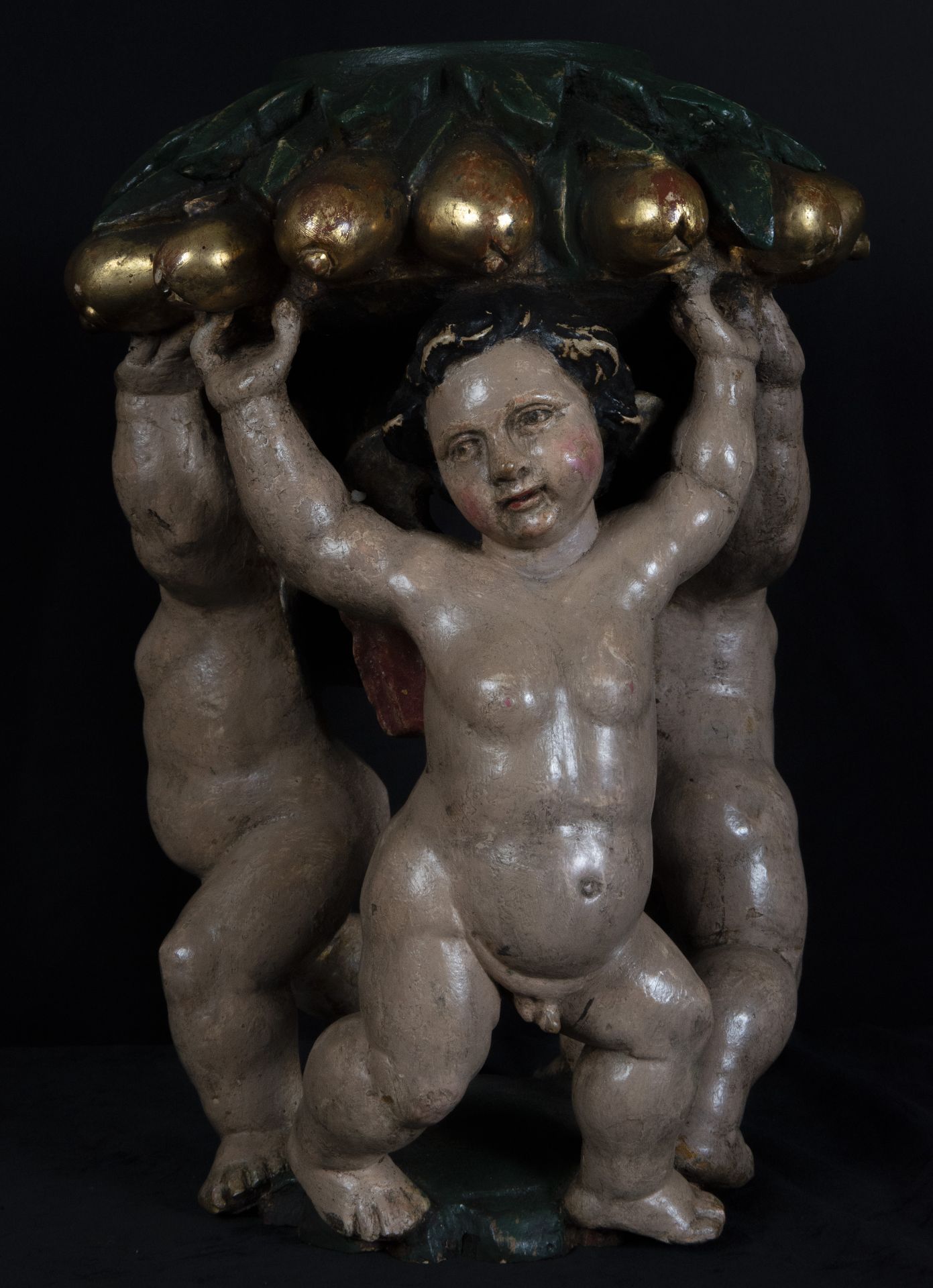 Pair of important bases with Cherubs in polychrome palace wood, Portuguese or German baroque work fr - Image 3 of 6