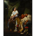 Large and decorative oil painting on Italian canvas depicting Samson and Delilah, 19th century roman