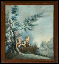 18th century French Rococo School, Children feeding Cat