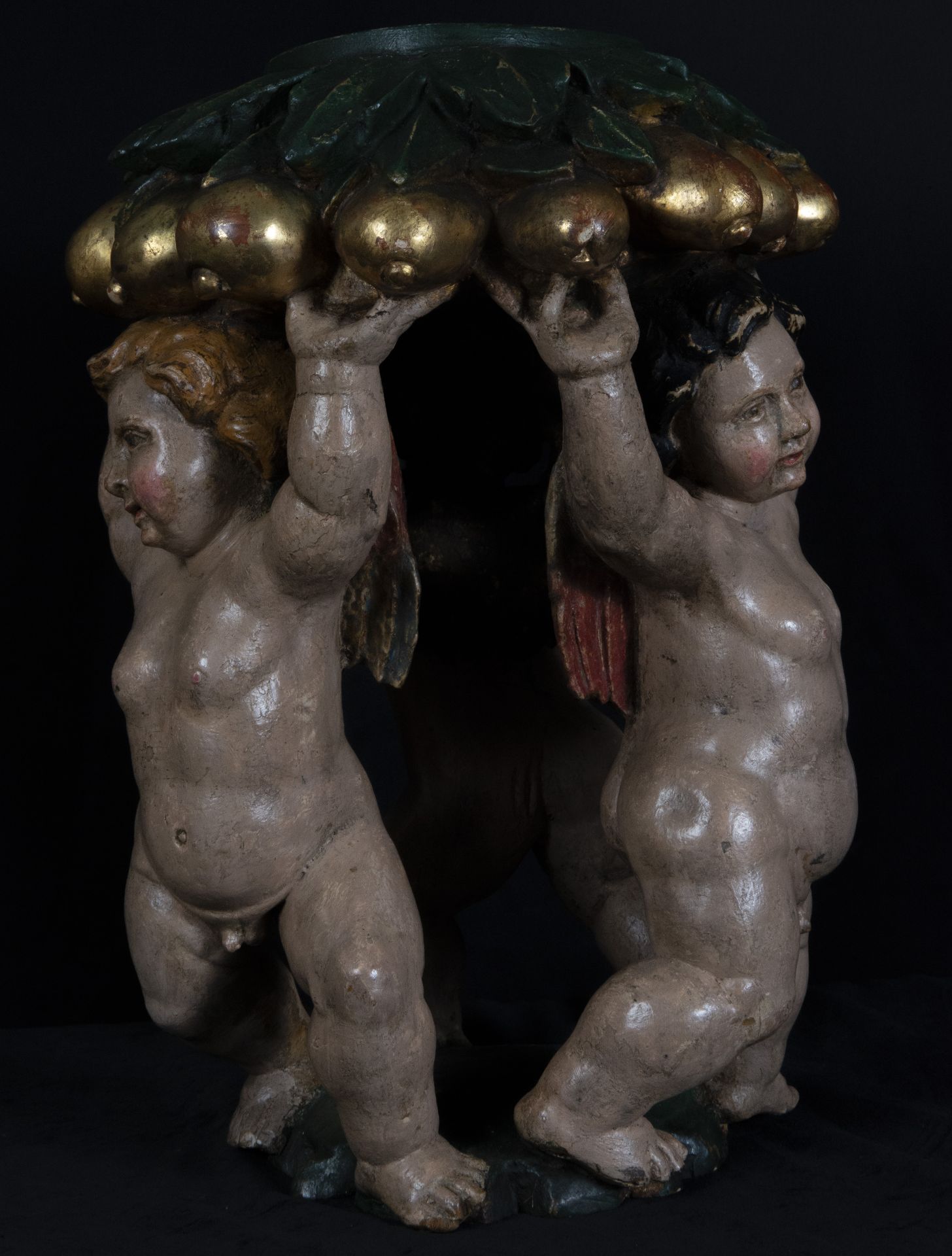 Pair of important bases with Cherubs in polychrome palace wood, Portuguese or German baroque work fr - Image 2 of 6