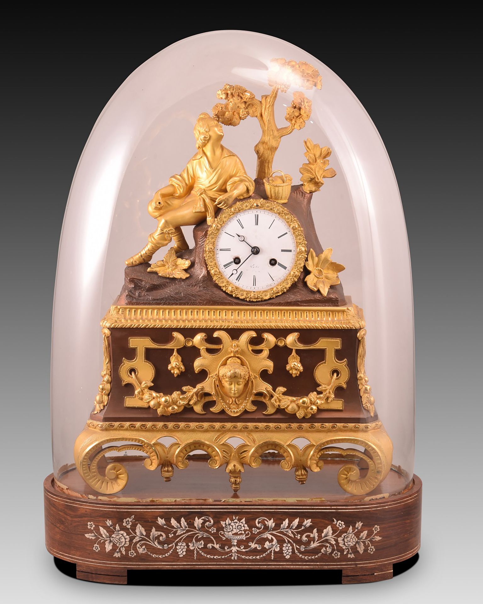 Table clock with lantern. Bronze, wood, glass. XIX century
