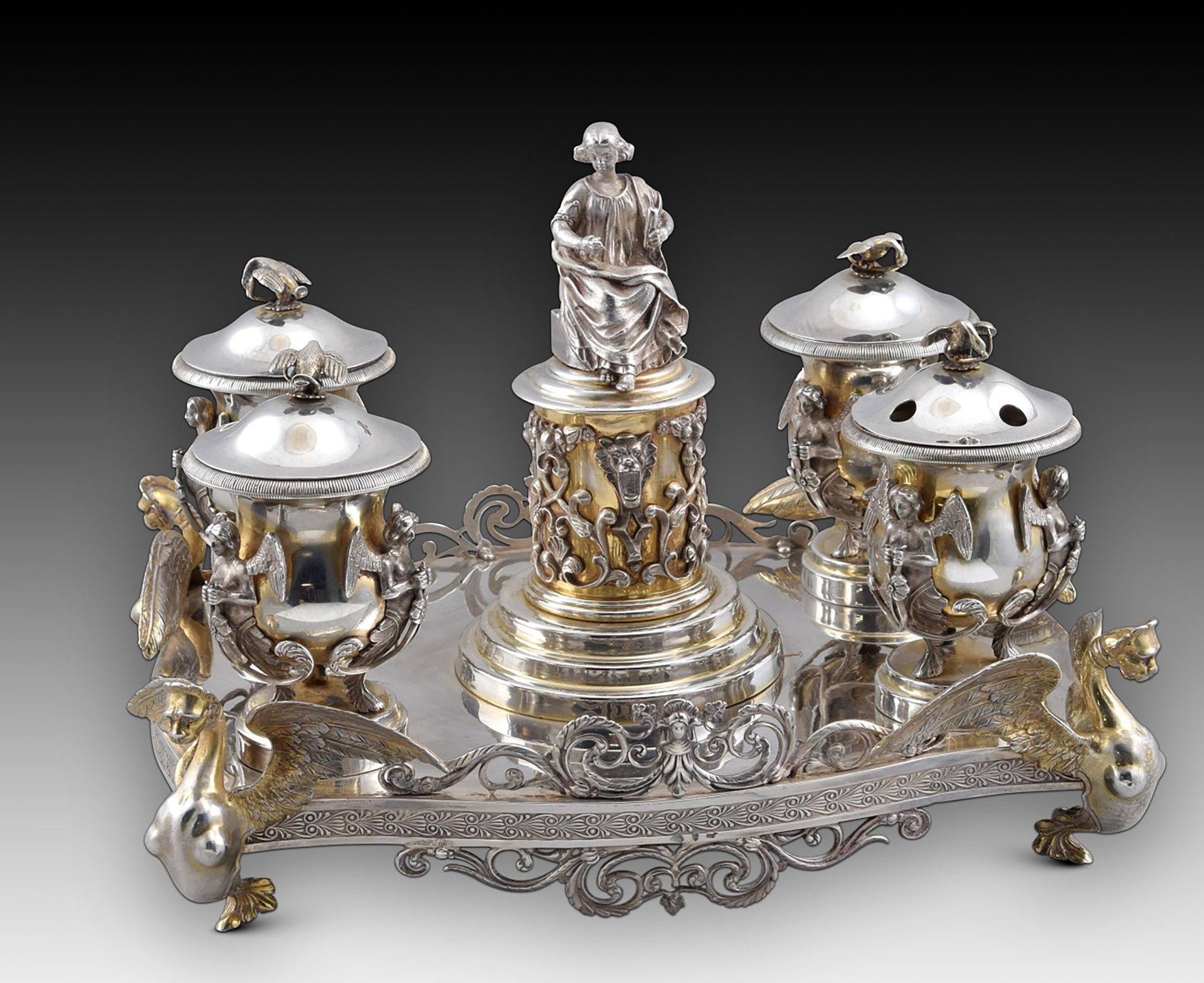 Exceptional Notary Office with four inkwells. Silver. Spain, late 19th century. With contrast markin - Bild 2 aus 15