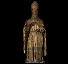 Exceptional and Large Italian Carving of a Late Gothic Bishop from the 15th century with original gi