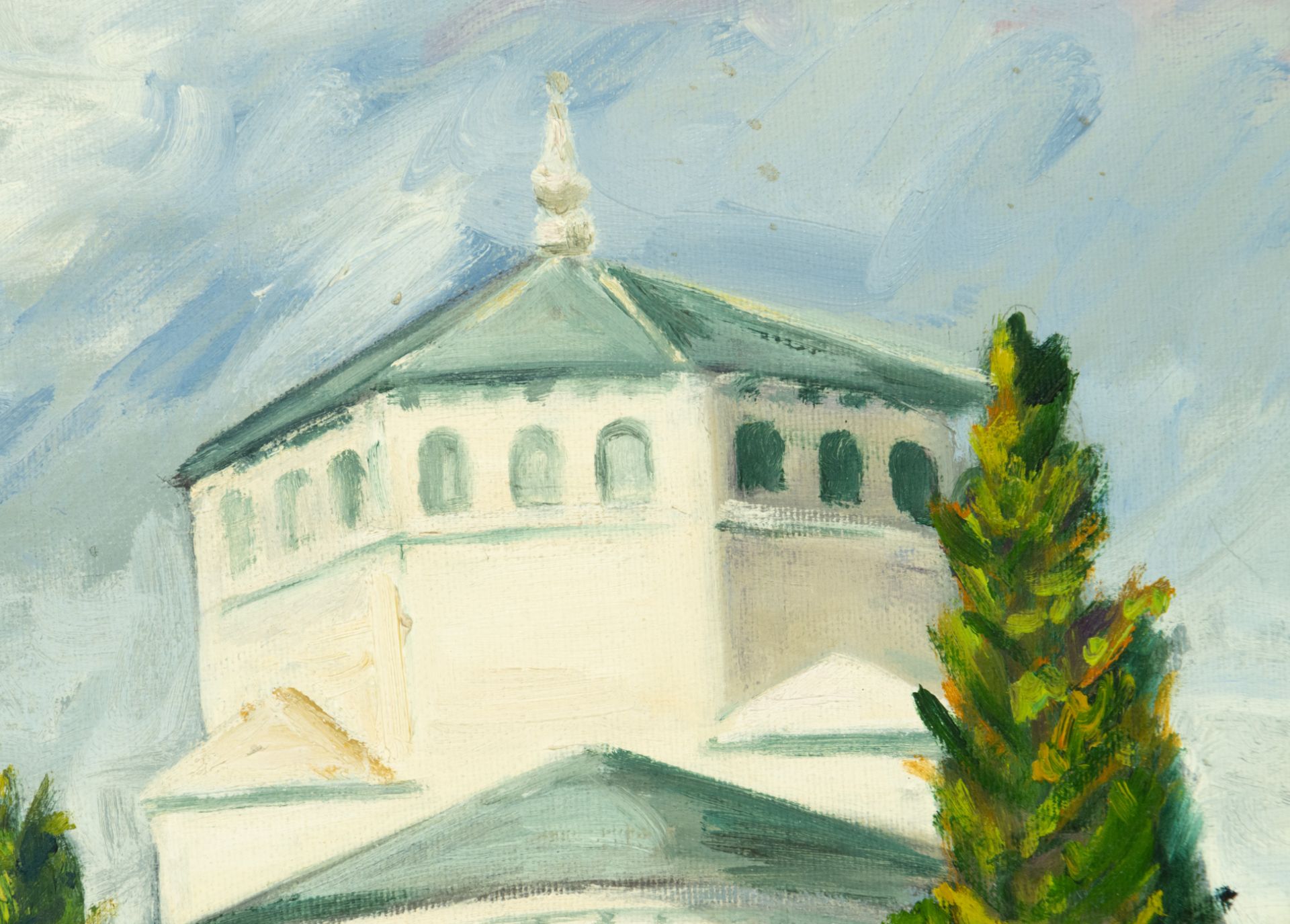 European school, view of Romanesque Church, signed, 20th century - Bild 4 aus 5