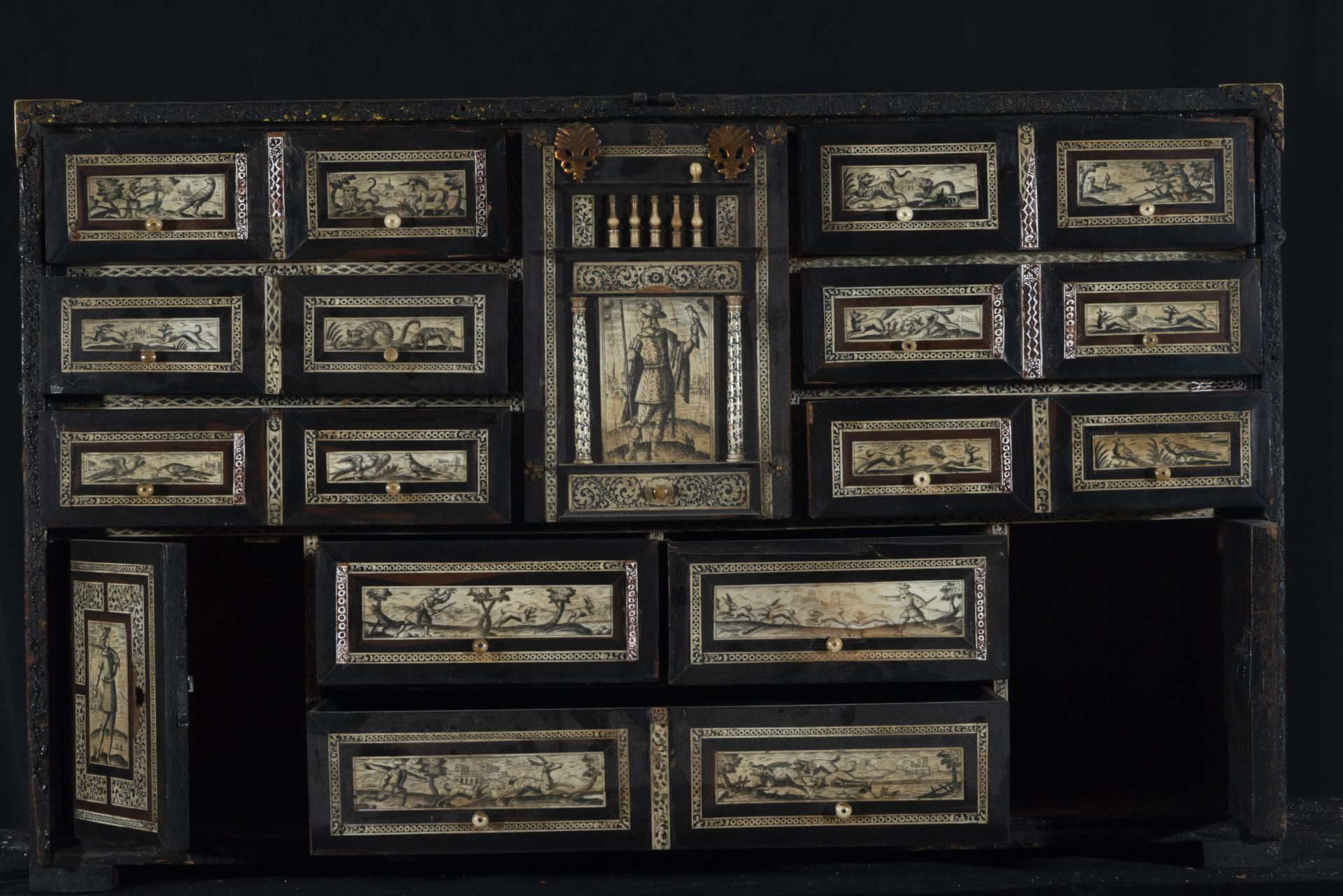 Hispano Flemish Cabinet with hunting scenes carved in bone, 19th century - Image 2 of 4