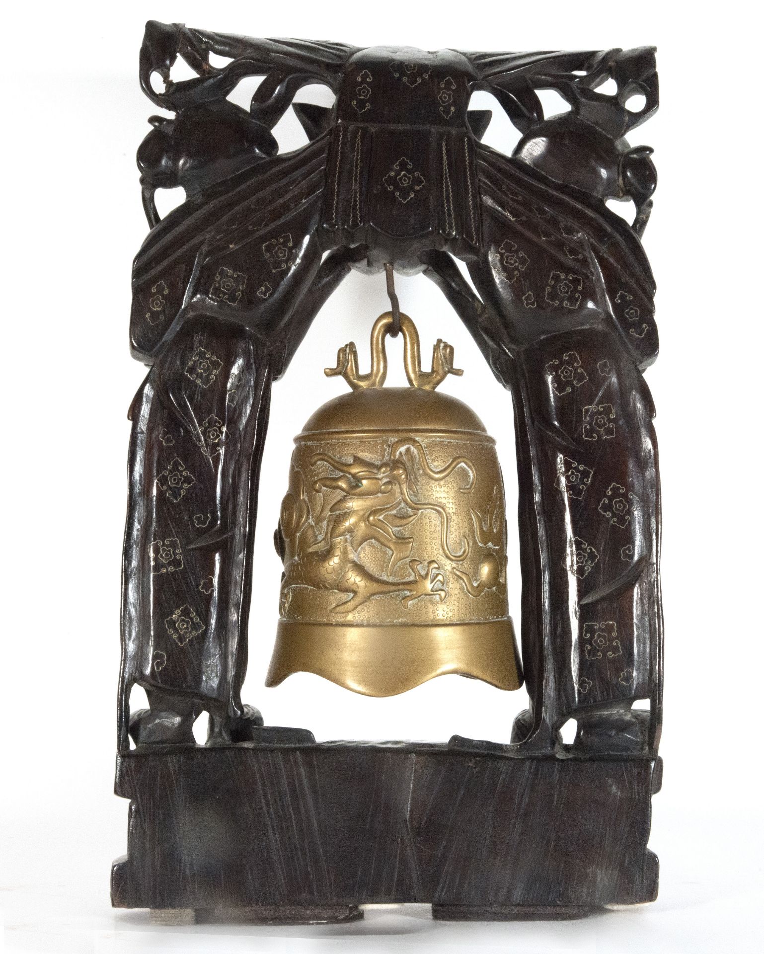 Rare Chinese or Vietnamese Temple Bell in Hongmu hardwood with silver from the 19th century - Bild 3 aus 4