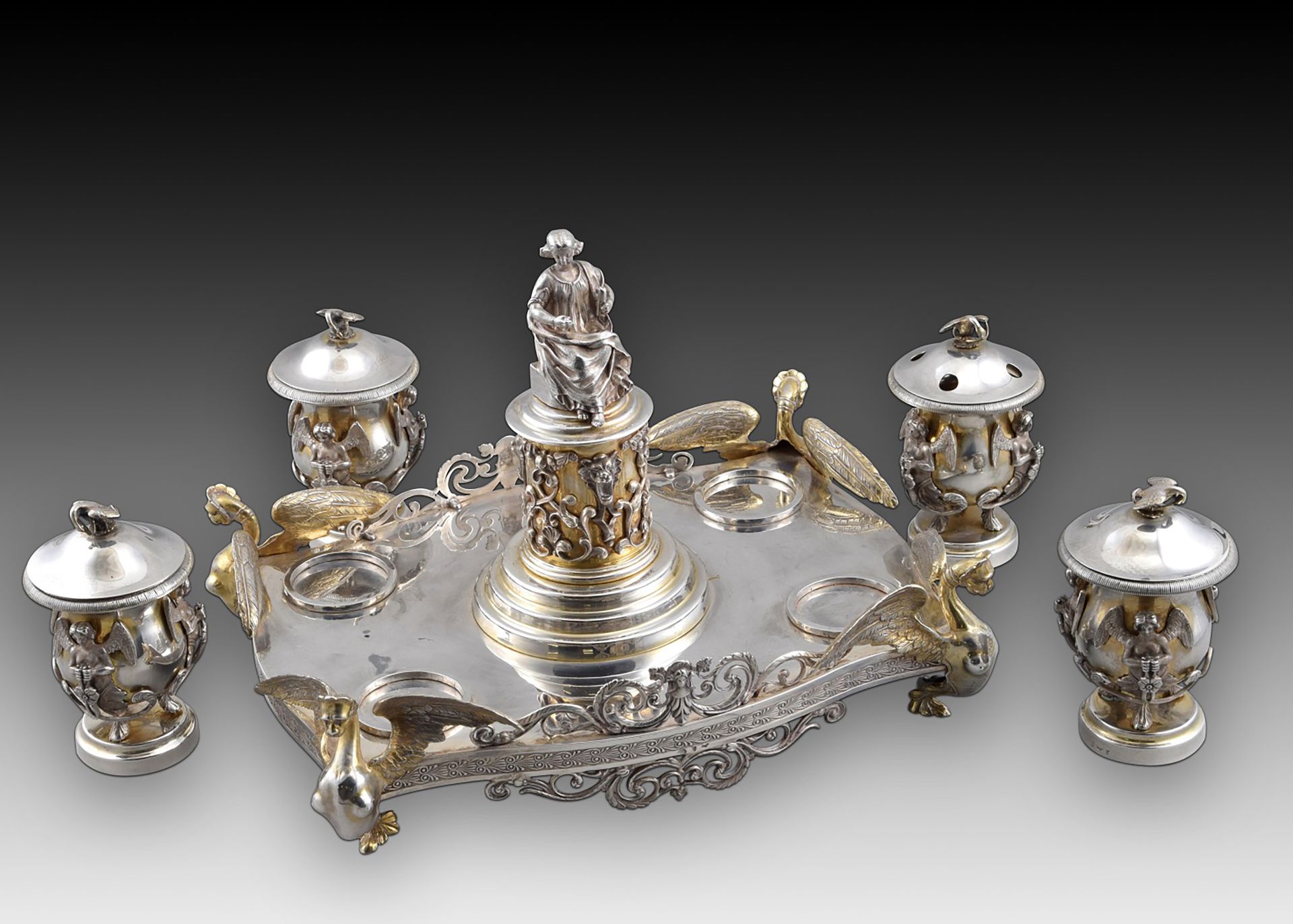Exceptional Notary Office with four inkwells. Silver. Spain, late 19th century. With contrast markin - Bild 9 aus 15