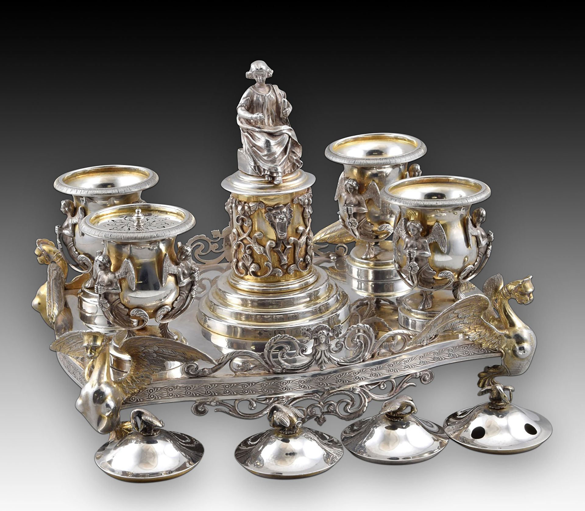 Exceptional Notary Office with four inkwells. Silver. Spain, late 19th century. With contrast markin - Bild 7 aus 15