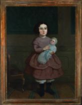 Portrait of a Girl with a Doll, remains of the signature of Manuel Rodríguez de Guzmán, 19th century