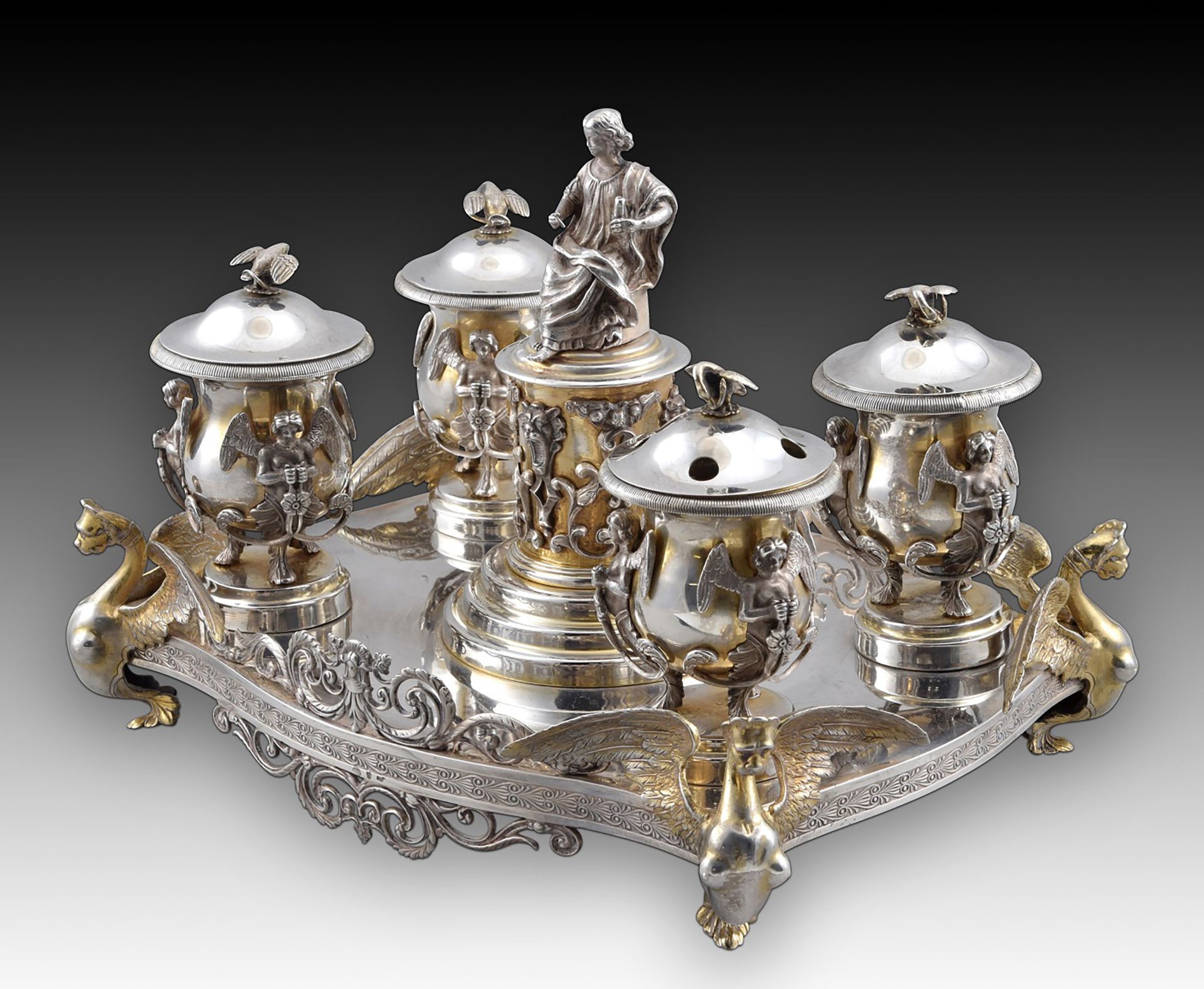 Exceptional Notary Office with four inkwells. Silver. Spain, late 19th century. With contrast markin - Bild 3 aus 15