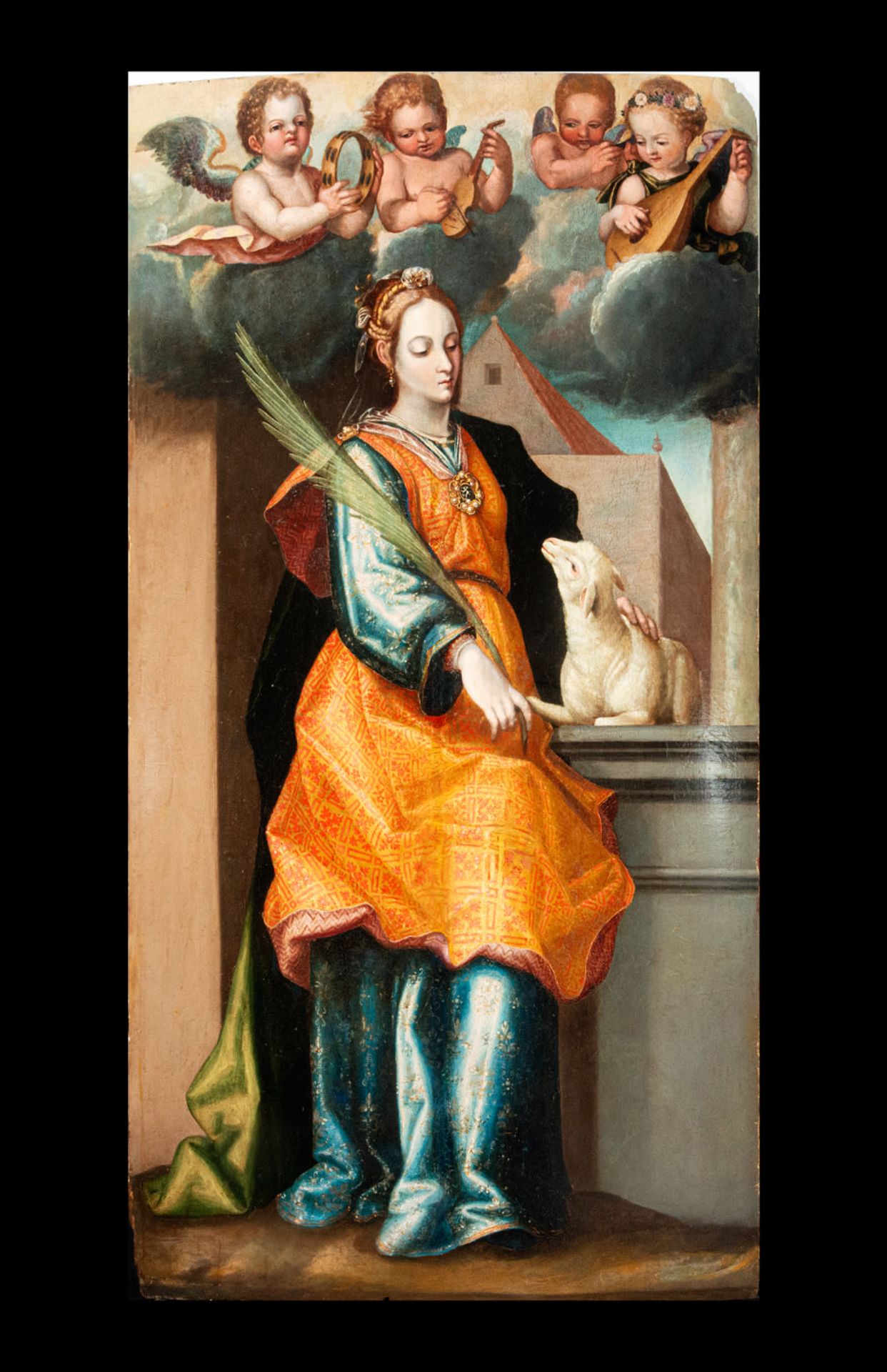 Very Important Saint Agnes in oil on panel, school of Francisco Pacheco (1564-1644), Sevillian Manne