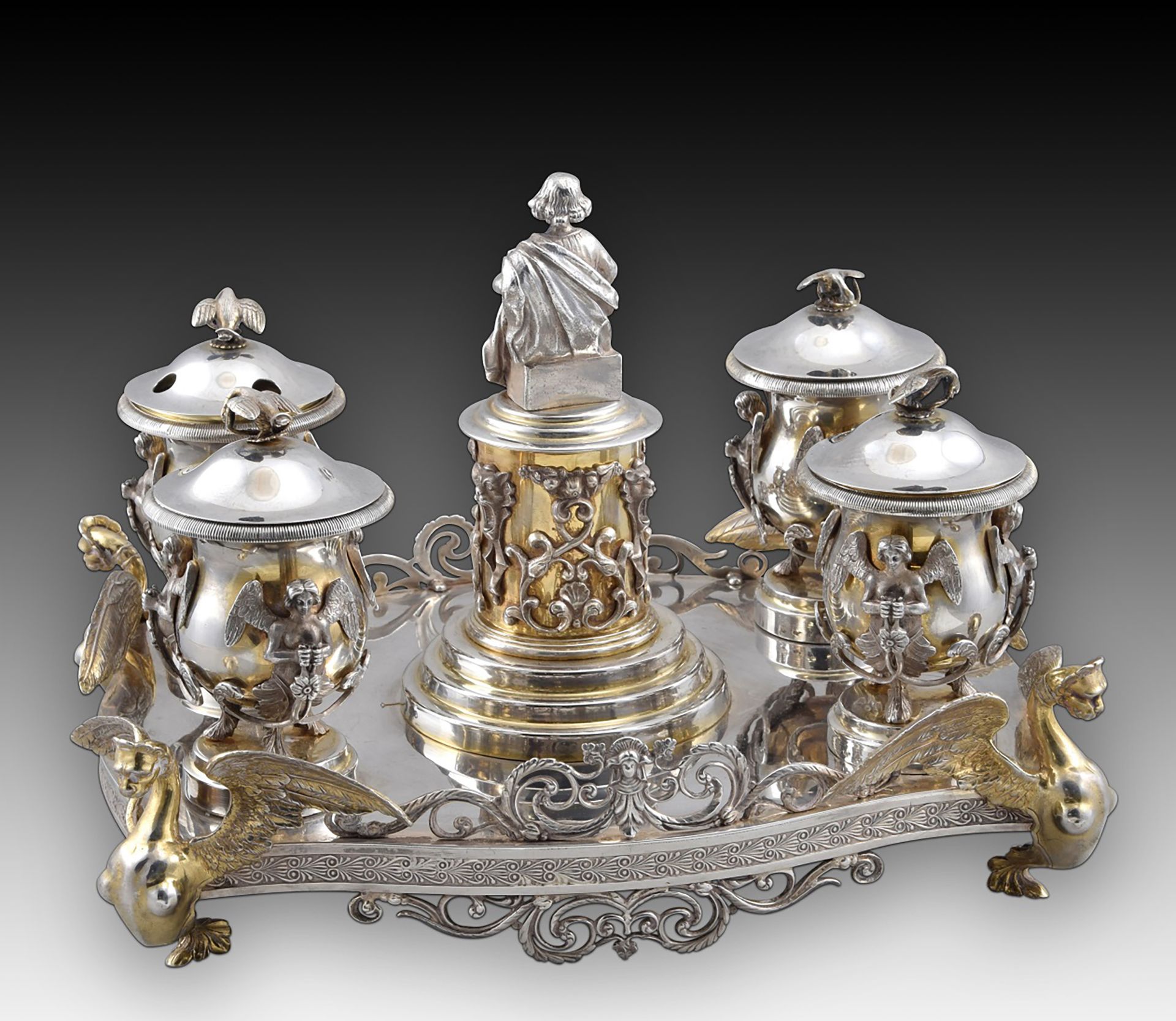 Exceptional Notary Office with four inkwells. Silver. Spain, late 19th century. With contrast markin - Bild 5 aus 15