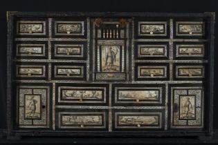 Hispano Flemish Cabinet with hunting scenes carved in bone, 19th century