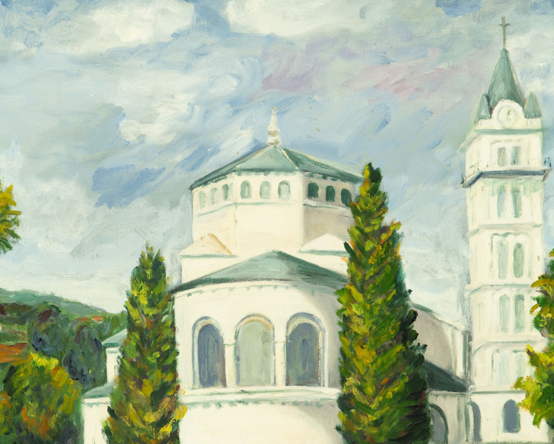 European school, view of Romanesque Church, signed, 20th century - Bild 2 aus 5