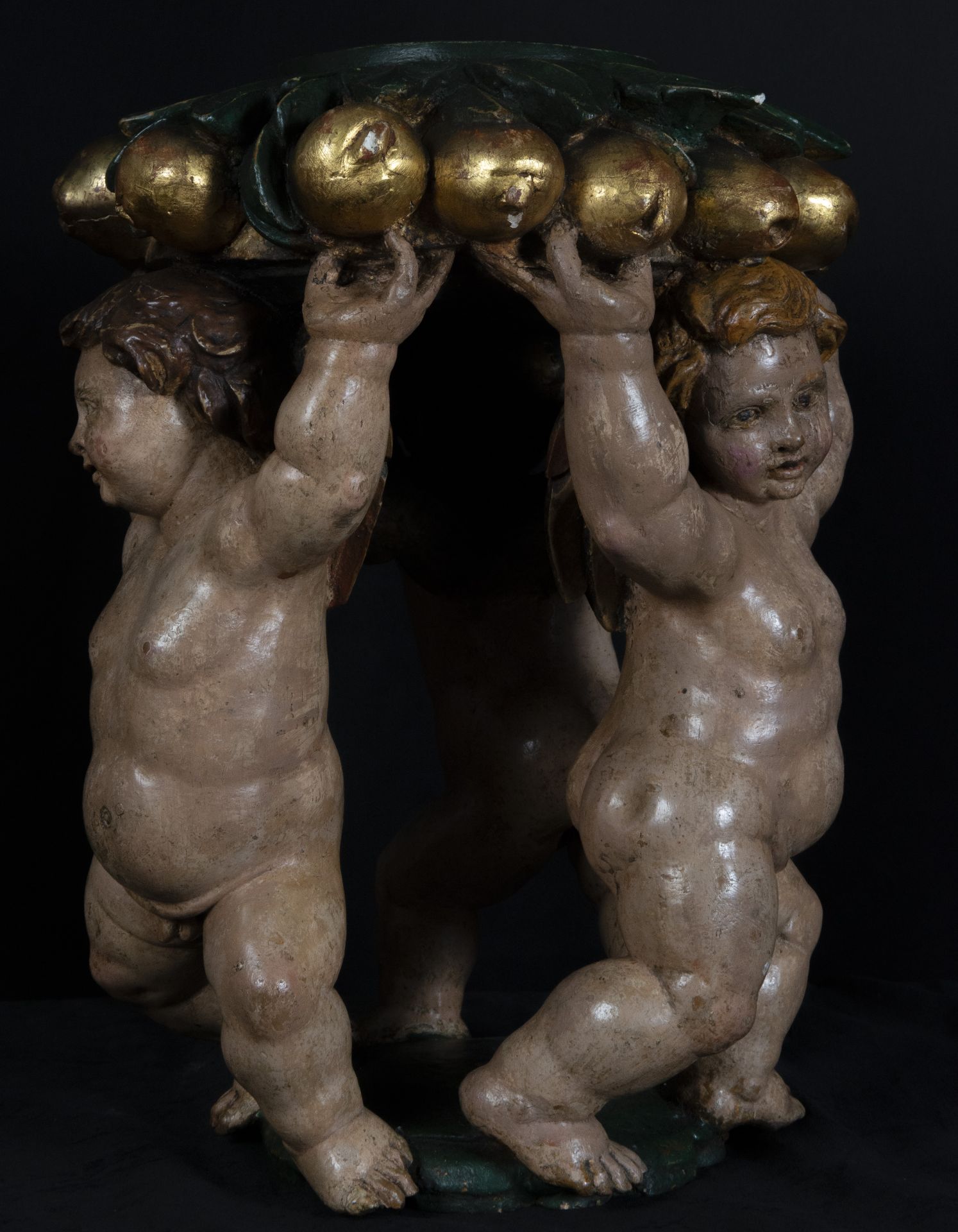 Pair of important bases with Cherubs in polychrome palace wood, Portuguese or German baroque work fr - Image 6 of 6