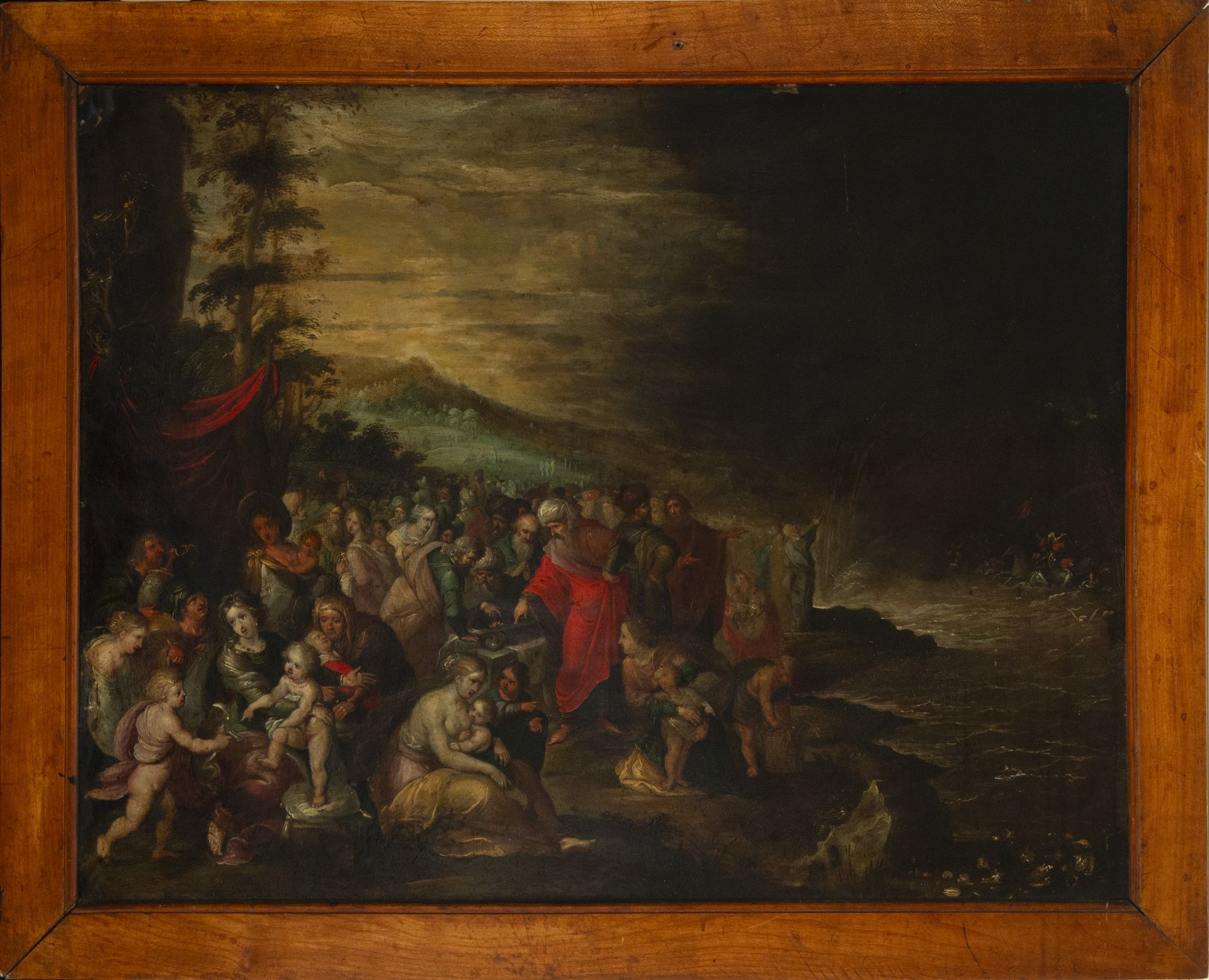 The Red Sea, Large copper painted in oil from the 17th century, attributable to the workshop or Fran