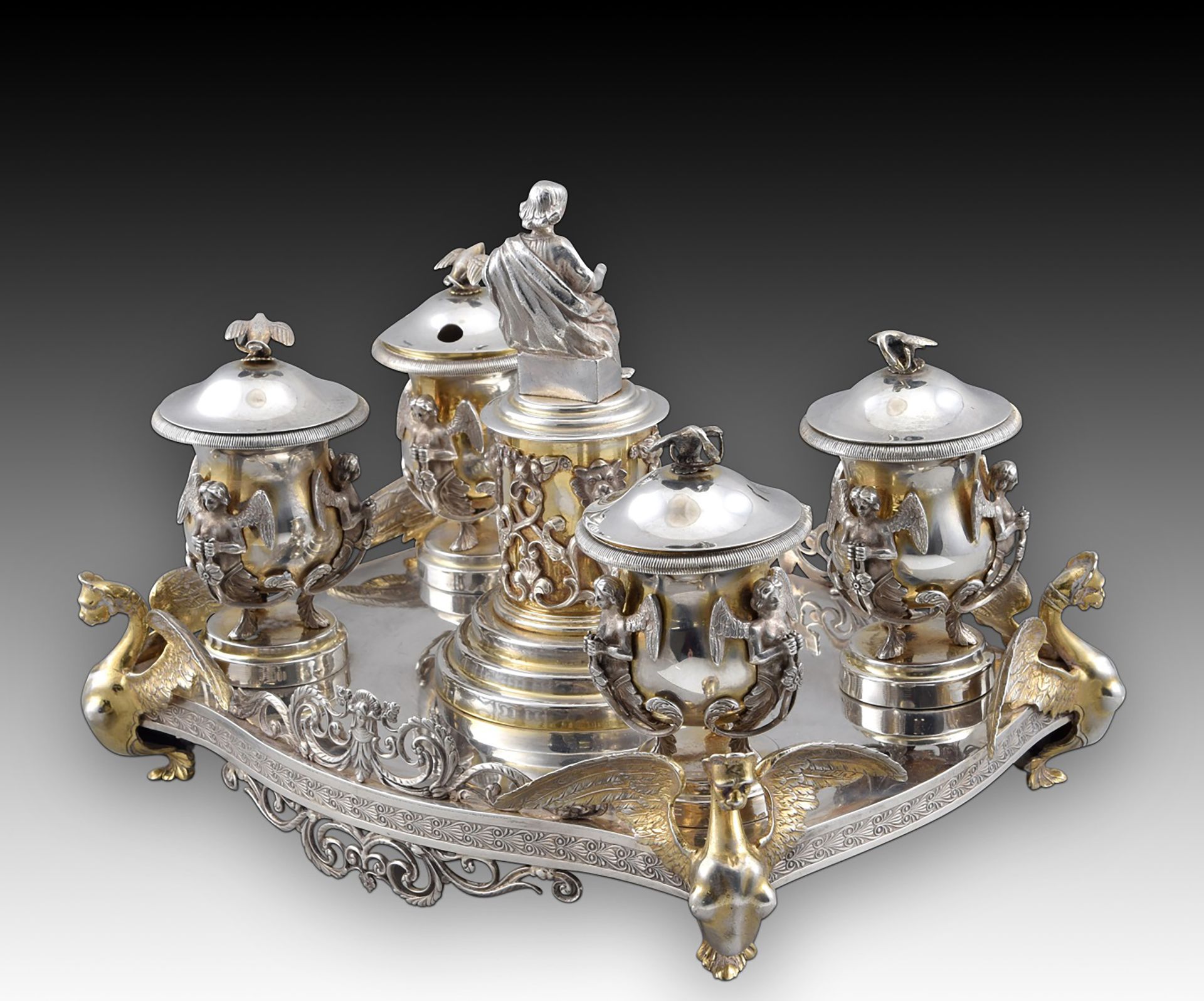 Exceptional Notary Office with four inkwells. Silver. Spain, late 19th century. With contrast markin - Bild 6 aus 15
